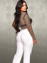 Long Sleeve Mesh Rhinestone Crop Top